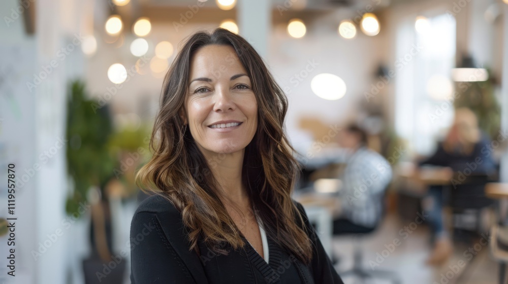 Smiling businesswoman in her 40s with wavy brown hair, wearing a black blazer, exuding leadership and professionalism in a vibrant, collaborative office setting Smiling businesswoman in her 40s with wavy brown hair, wearing a black blazer, exuding leadership and professionalism in a vibrant, collaborative office setting