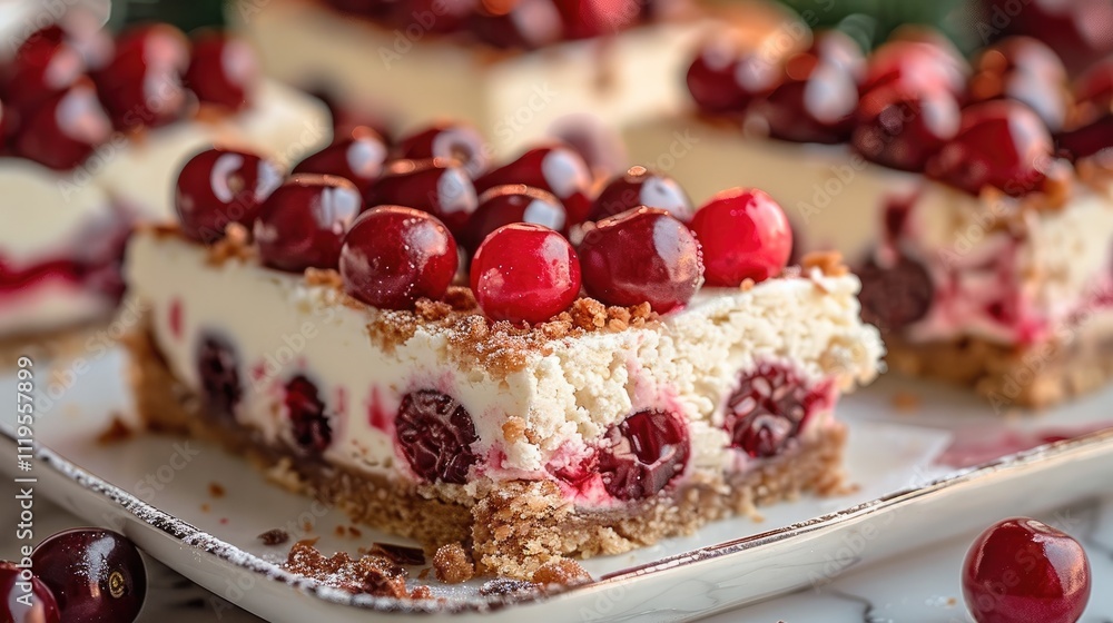 A Christmas cherry cheesecake bar, served on a festive table with a full cheesecake and cup in the background. A Christmas cherry cheesecake bar, served on a festive table with a full cheesecake and cup in the background.