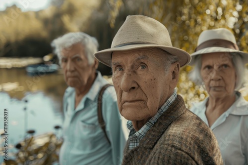 Portrait of an elderly couple at a lake in the park.