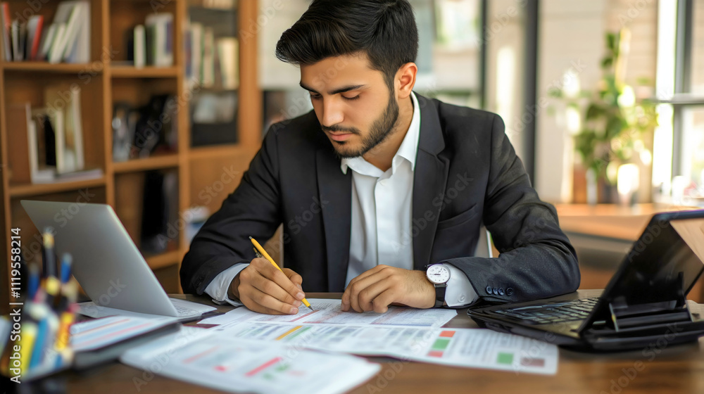 Obraz premium Focused Entrepreneur in a Modern Office: Professional Workspace for Productivity and Strategy
