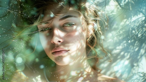 Ethereal portrait of a young woman with mesmerizing green eyes, bathed in dappled sunlight and surrounded by a dreamy, forest-like ambiance