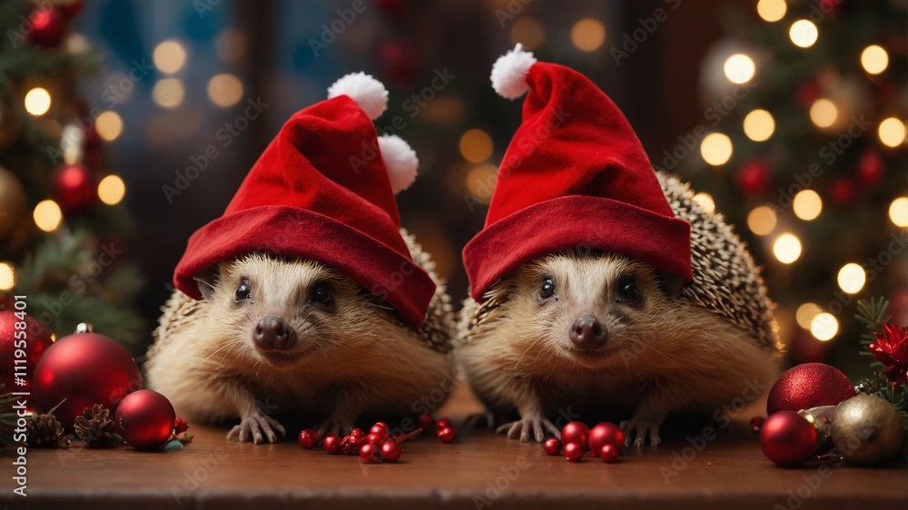 hedgehogs in santa claus hats - ai hedgehogs in santa claus hats - ai