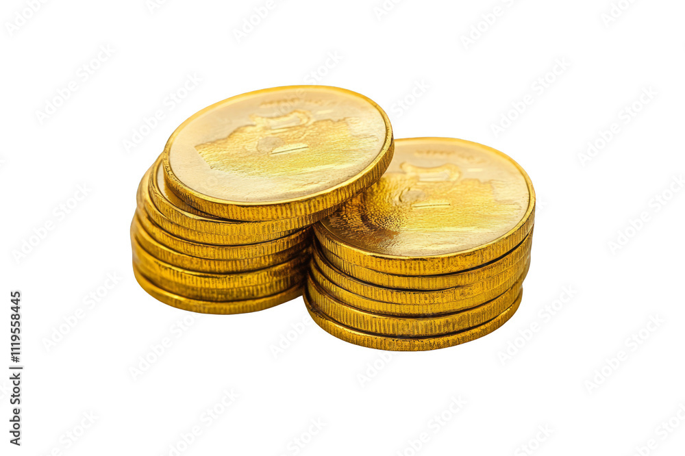 Stacks of shiny gold coins representing savings and investment on transparent background Stacks of shiny gold coins representing savings and investment on transparent background
