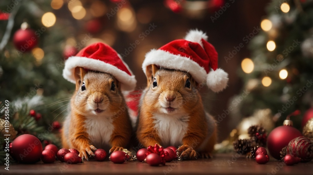 two squirrels wearing christmas hats a- two squirrels wearing christmas hats a-