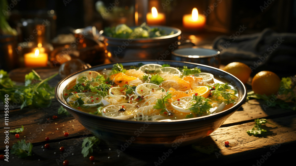 Chinese soup in a glass bowl on wooden table Chinese soup in a glass bowl on wooden table