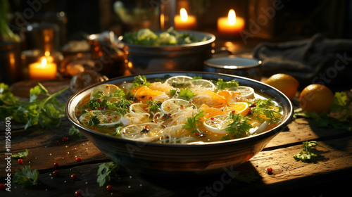 Chinese soup in a glass bowl on wooden table