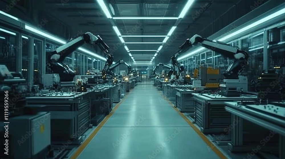 Futuristic automated factory interior with robotic arms assembling products on production lines. Futuristic automated factory interior with robotic arms assembling products on production lines.