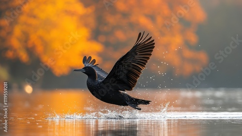 Wallpaper Mural Majestic Bird Taking Flight from Calm Waters in Autumn Setting Surrounded by Colorful Foliage and Rippling Reflections of Nature's Beauty Torontodigital.ca