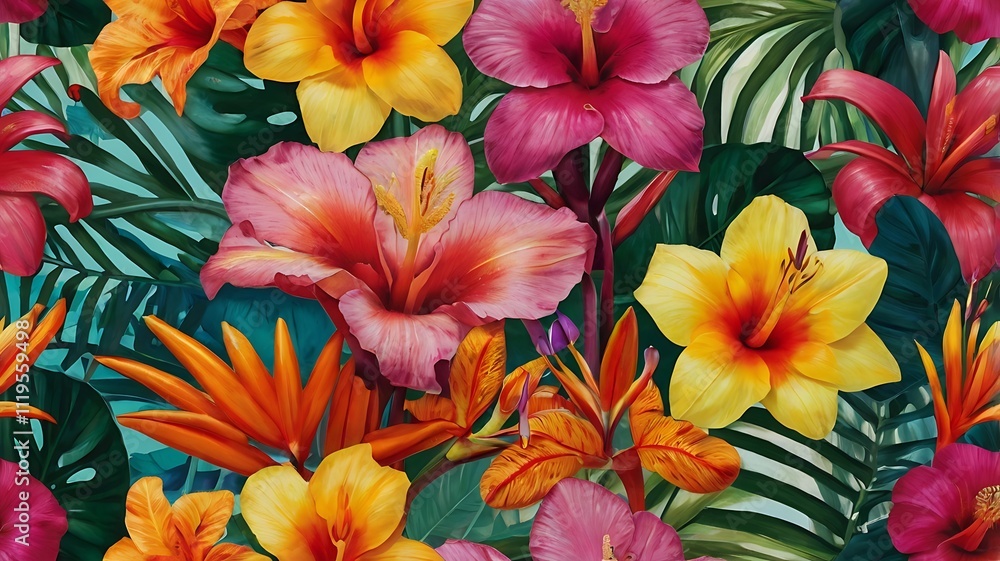 Vibrant Tropical Flowers and Lush Green Leaves Vibrant Tropical Flowers and Lush Green Leaves