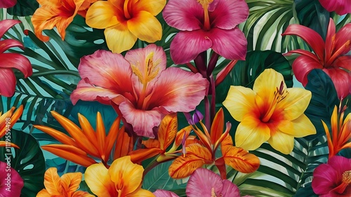 Vibrant Tropical Flowers and Lush Green Leaves