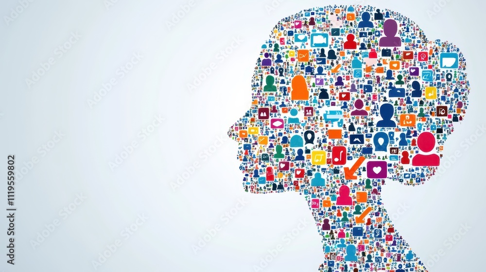 Silhouette of Woman Filled with Colorful Digital Social Icons Silhouette of Woman Filled with Colorful Digital Social Icons