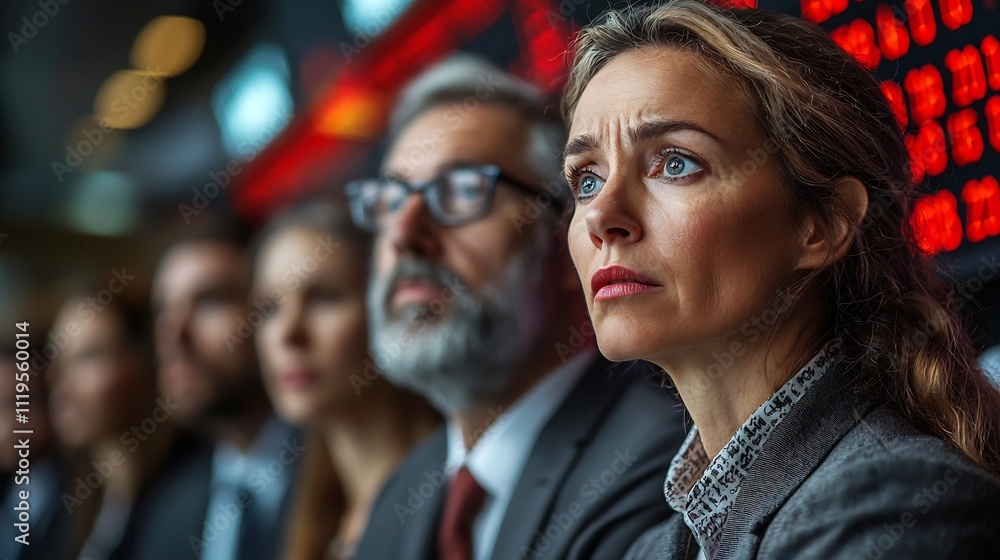 Businesspeople Staring at Holographic Ticker Displaying Red Numbers Symbolizing Market Panic During Economic Crisis Businesspeople Staring at Holographic Ticker Displaying Red Numbers Symbolizing Market Panic During Economic Crisis