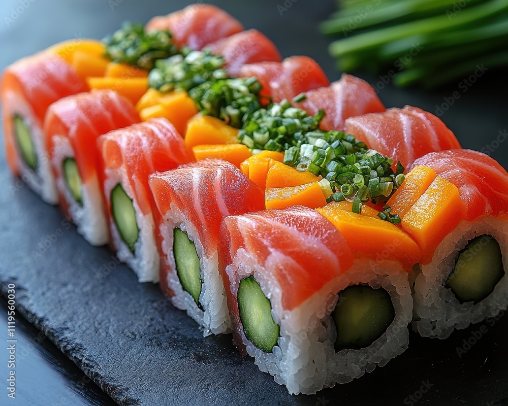 Sushi Rolls with Meat and Vegetables on a Dark Stone Plate Sushi Rolls with Meat and Vegetables on a Dark Stone Plate