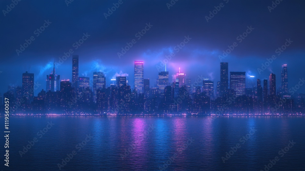 Naklejka premium Neon-lit cityscape at night reflected in water.