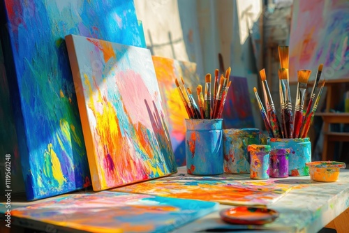 A vibrant art studio with colorful paintings and creative tools, Art studio scene, Creative style photo