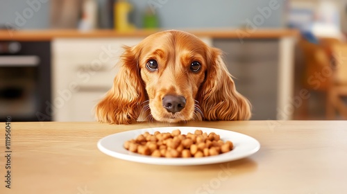Adorable golden Cocker Spaniel eagerly gazing at a plate of delicious dog food on a wooden table in a cozy home kitchen setting, expressing anticipation and joy
