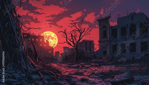 Desolate Cityscape Under a Blood Red Moon at Sunset photo