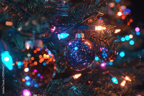 A festive close-up of Christmas decorations with colorful lights and ornaments on a decorated tree at night.