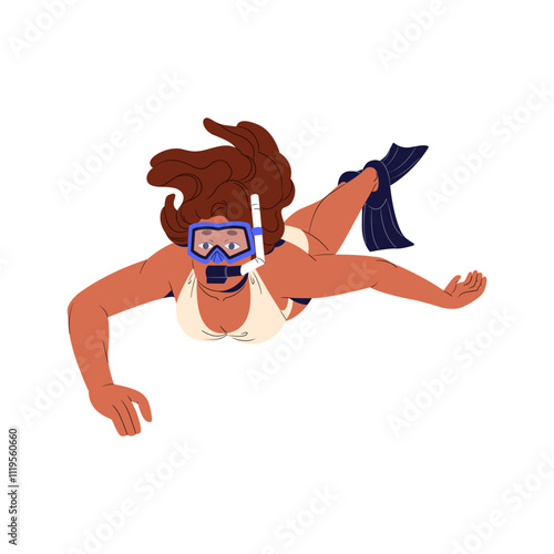 Girl in bikini does scuba diving with fins. Swimmer in goggles watching ocean wildlife during freediving. Diver swimming underwater with mask, snorkel. Flat isolated vector illustration on white