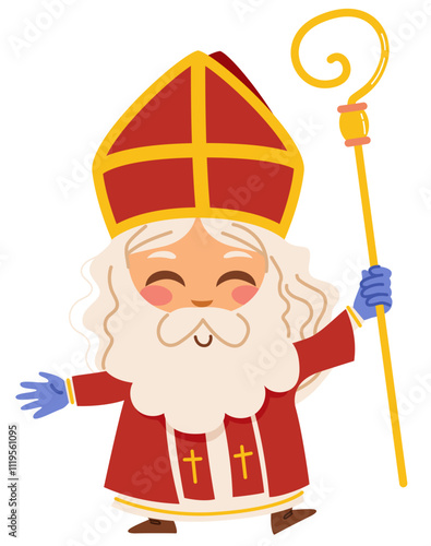 Saint Nicholas mascot character vector illustration. Lovely drawn Nikolaus with crutch and red robe