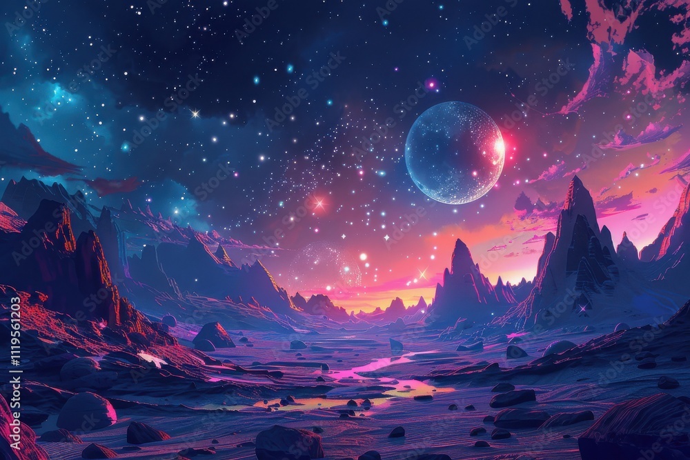 Fototapeta premium Alien Landscape With Distant Moon