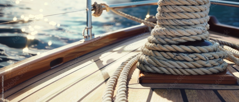 Obraz premium Sunlight sparkles on the yacht's wooden deck and taut ropes, capturing a moment of nautical elegance and craftsmanship.