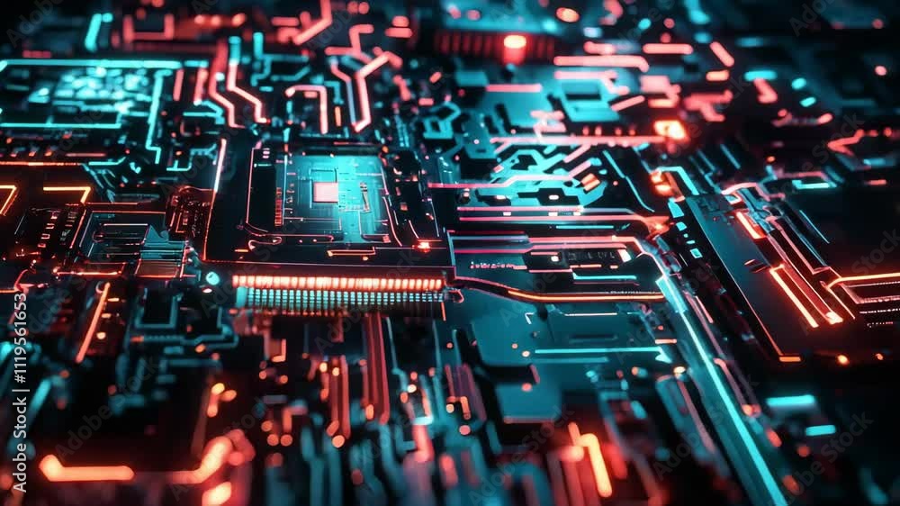 Futuristic circuit board features glowing red and blue lights ...