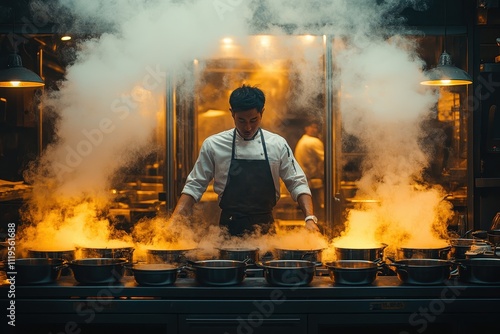 The Chef in a Modern Kitchen Surrounded by Culinary Ingredients