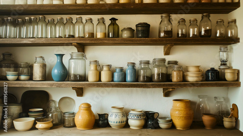 Wallpaper Mural Rustic Kitchen Shelves Featuring Glass Jars, Handmade Pottery, and Ceramic Dishes in Earthy Tones, Creating a Cozy and Organized Space with Vintage Kitchen Decor and Sustainable Living Elements Torontodigital.ca
