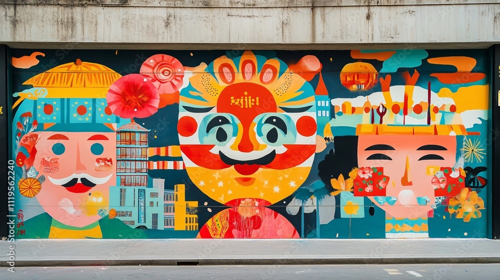 Fototapeta premium Colorful Street Mural Featuring Three Decorative Faces and Patterns