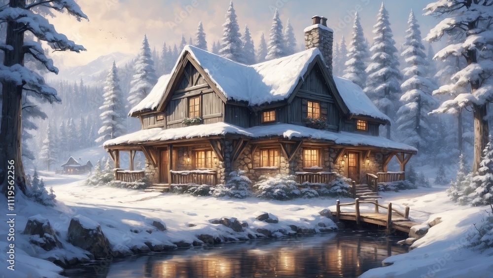 Watercolor background - Snowy village house on the river bank Watercolor background - Snowy village house on the river bank
