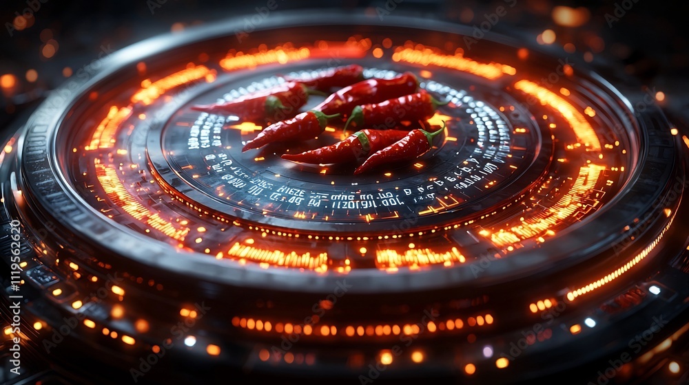 Futuristic Digital Spice Meter Displaying Levels of Spiciness from Mild to Extreme Futuristic Digital Spice Meter Displaying Levels of Spiciness from Mild to Extreme
