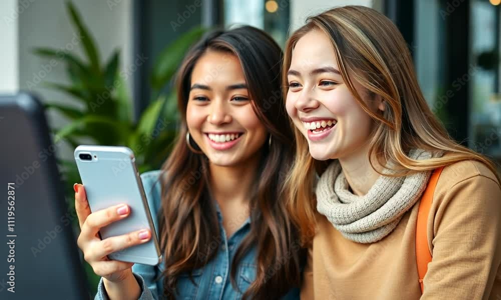 Friends share laughter and joy while enjoying a cozy moment in a cafe during a sunny afternoon