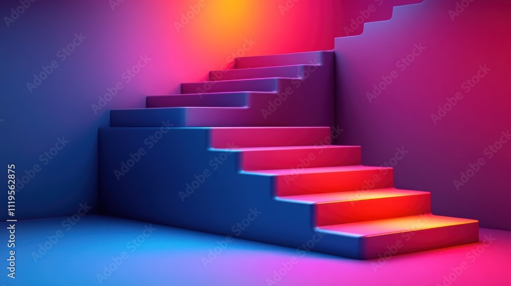 Neon-lit stairs in a dark room. Neon-lit stairs in a dark room.