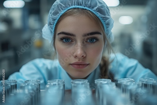 Female Worker in Protective Gear Operating in a High-Tech Laboratory