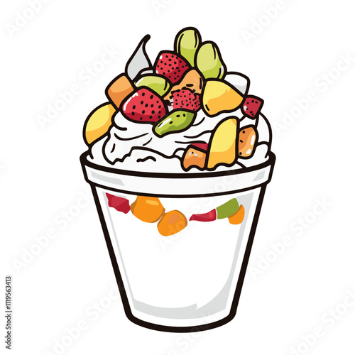 Filipino Halo-Halo with Mixed Fruits and Shaved Ice – A Colorful, Refreshing Dessert Perfect for Hot Days Black Outline Vector Illustration