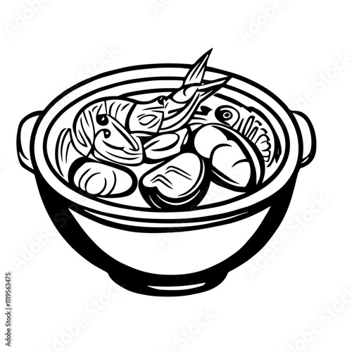 French Bouillabaisse Seafood Stew – A Rich, Flavorful Broth Filled with Various Types of Seafood Black Outline Vector Illustration