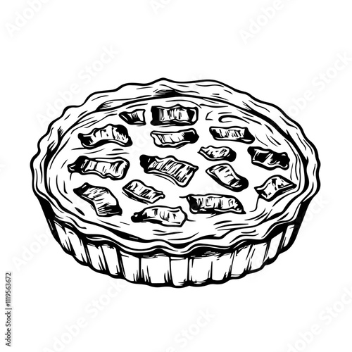French Quiche Lorraine with Bacon and Cheese – A Delightful, Savory Pie Enjoyed Any Time of Day Black Outline Vector Illustration