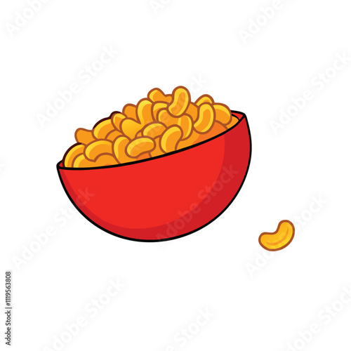 an illustration of a red bowl filled with yellow macaroni and cheese.