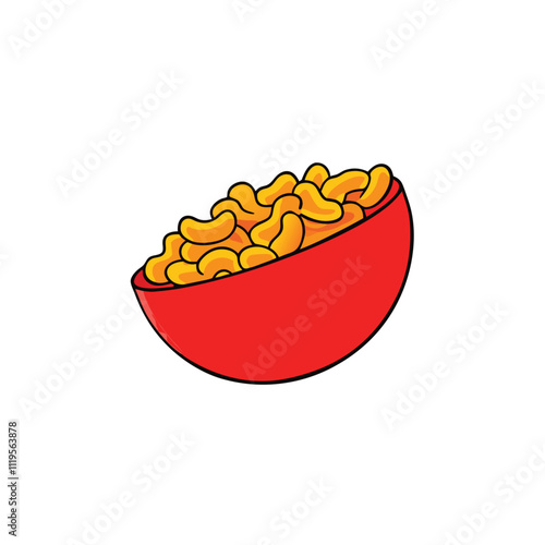 an illustration of a red bowl filled with yellow macaroni and cheese.