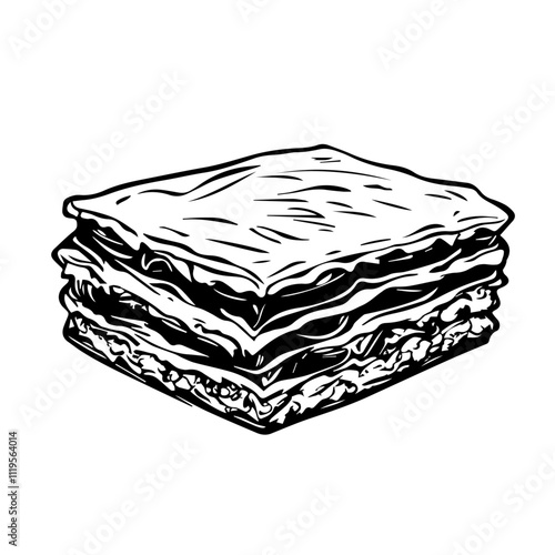 Greek Moussaka with Layers of Eggplant and Minced Meat – A Rich, Savory Casserole Black Outline Vector Illustration