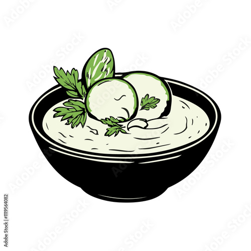 Greek Tzatziki with Cucumber, Yogurt, and Garlic – A Cool, Creamy Dip That Complements Any Meal Black Outline Vector Illustration
