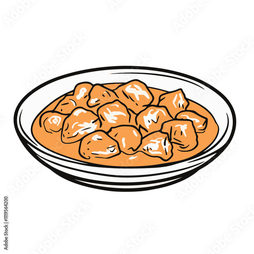 Indian Chicken Tikka Masala with Creamy Tomato Sauce – A Globally Popular Dish Known for Its Spicy Creaminess Black Outline Vector Illustration