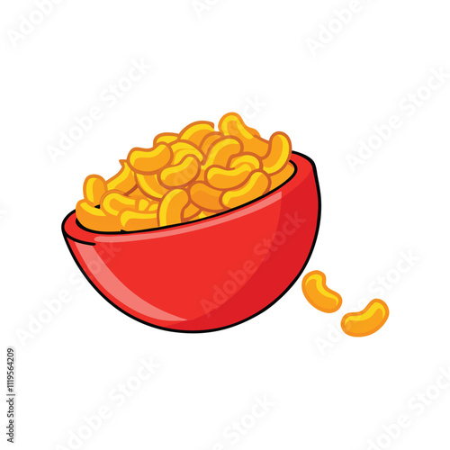 an illustration of a red bowl filled with yellow macaroni and cheese.