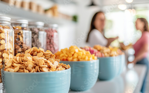 Bowls of healthy snacks in vibrant office setting
