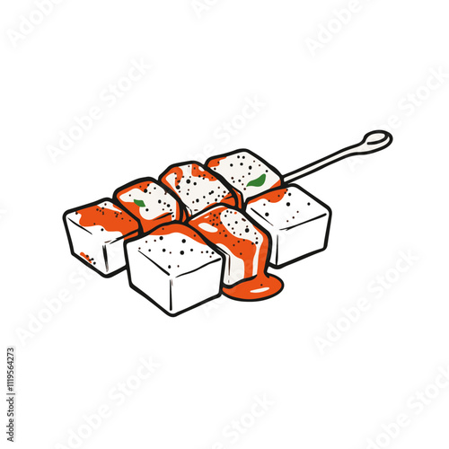 Indian Paneer Tikka with Spiced Marinade – Grilled to Perfection for a Smoky, Savory Taste Black Outline Vector Illustration