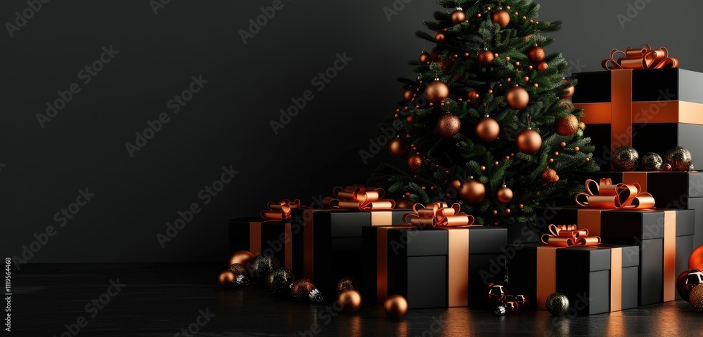 High-resolution black and orange Christmas gift boxes, a decorated tree, and festive lighting with copy space for personalized holiday banners and cards. High-resolution black and orange Christmas gift boxes, a decorated tree, and festive lighting with copy space for personalized holiday banners and cards.