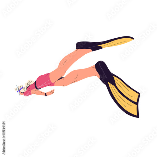Swimmer with goggles, snorkel freediving to ocean wildlife. Girl in swimwear does scuba diving side view. Diver swimming underwater with mask, fins. Flat isolated vector illustration on white