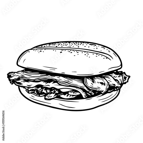 Italian Porchetta Sandwich with Crispy Pork and Herbs – A Mouthwatering Street Food Delicacy Black Outline Vector Illustration