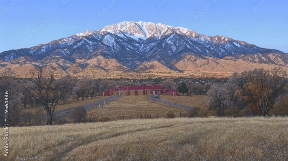 Scenic mountain landscape with a red building and snowy peaks in the background. Scenic mountain landscape with a red building and snowy peaks in the background.